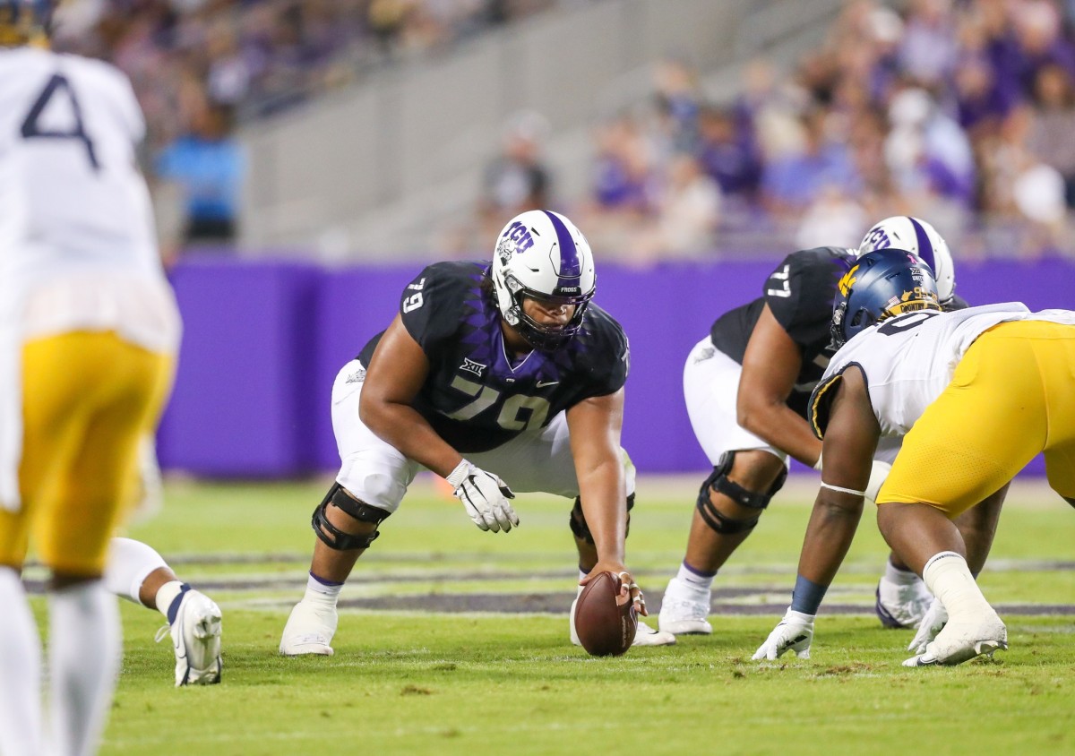 TCU Horned Frogs center Steve Avila (79) lines up over the ball against the West Virginia Mountaineers. Mandatory Credit: Ben Queen-USA TODAY