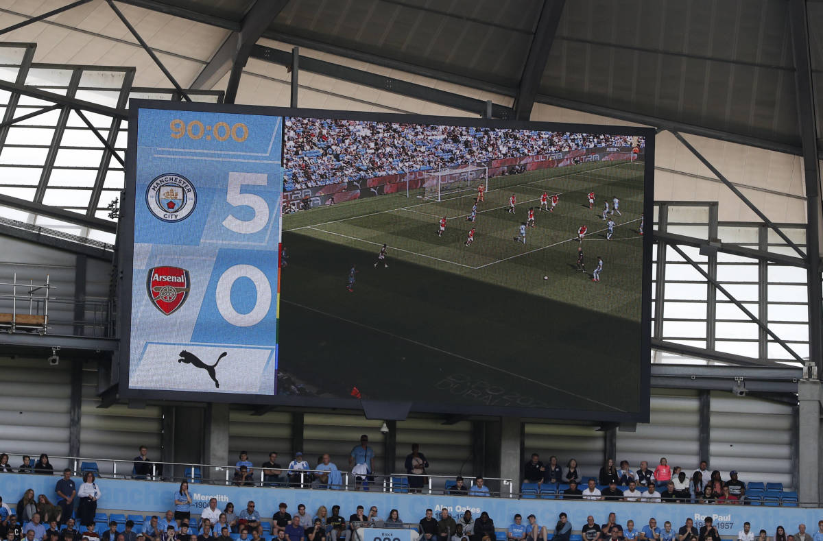 A photo of the big screen at the Etihad Stadium during Manchester City's 5-0 win over Arsenal in August 2021