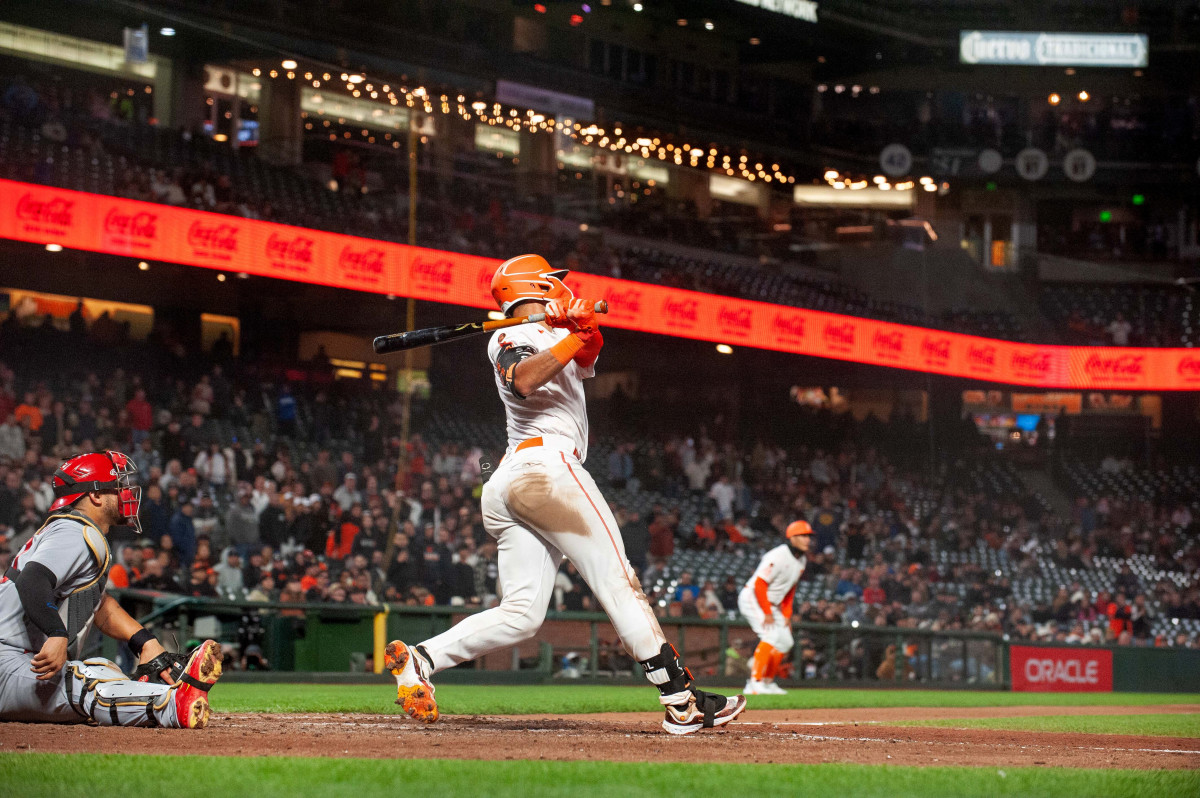 SF Giants catcher Blake Sabol hits a walk off home run during the ninth inning. (2023)