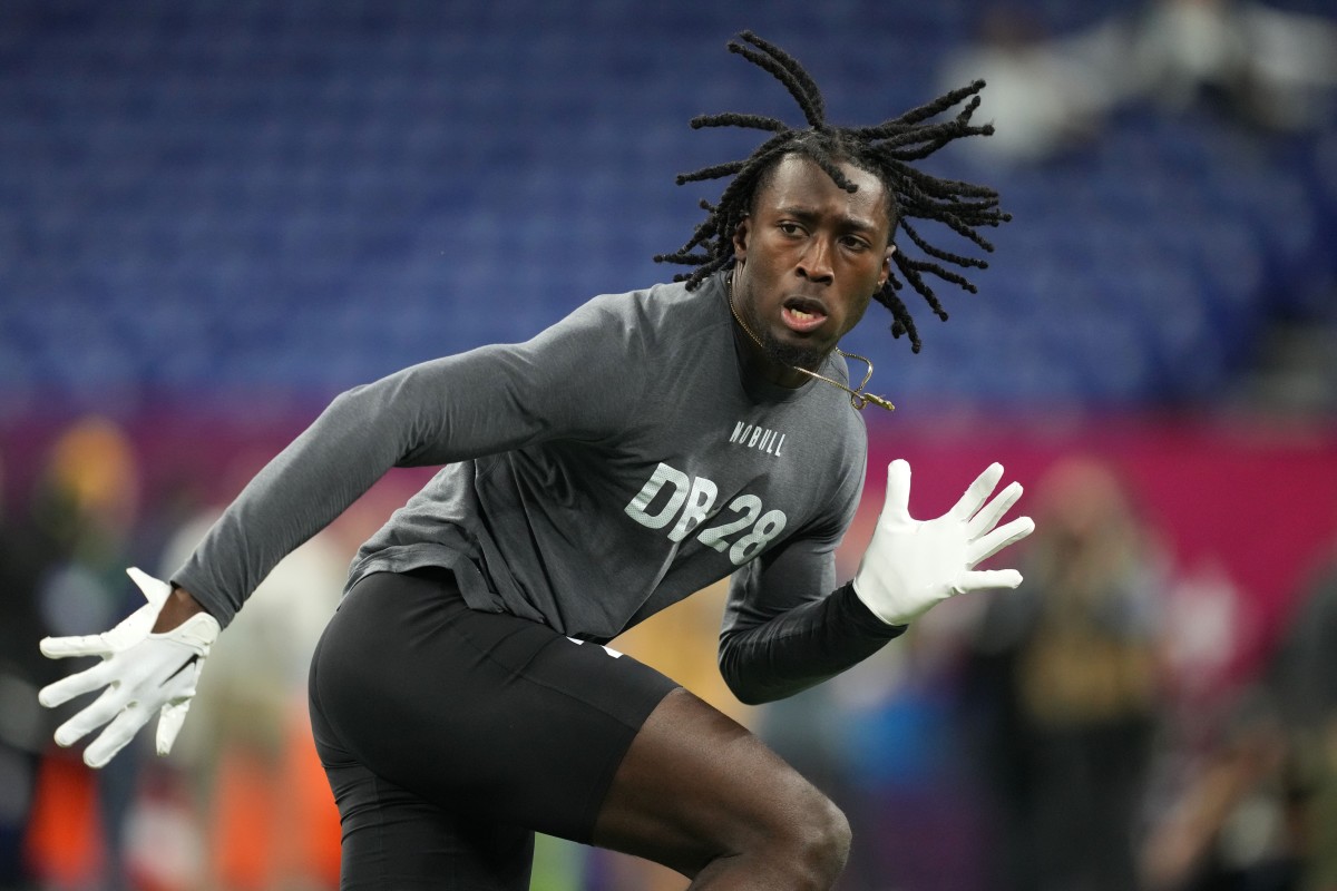 Mar 3, 2023; Indianapolis, IN, USA; South Carolina defensive back Darius Rush (DB28) participates in drills at Lucas Oil Stadium. Mandatory Credit: Kirby Lee-USA TODAY Sports