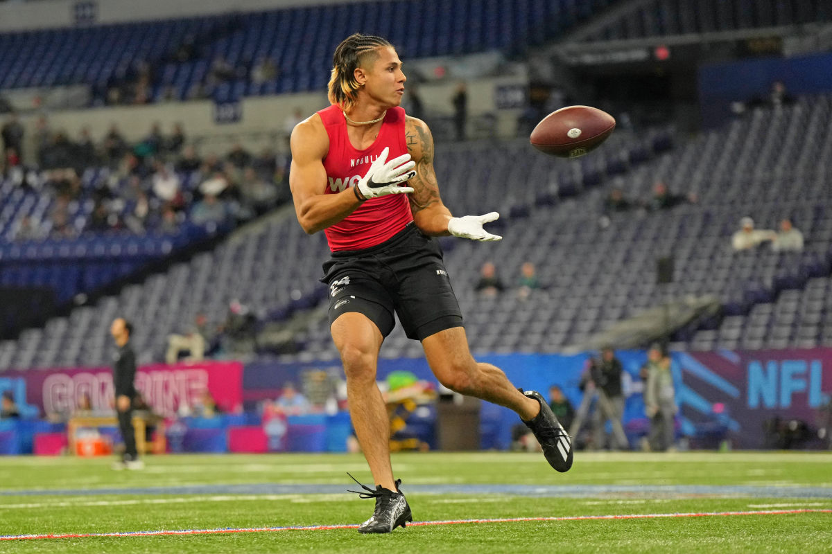 Mar 4, 2023; Indianapolis, IN, USA; Princeton wide receiver Andrei Iosivas (WO24) participates in drills at Lucas Oil Stadium.