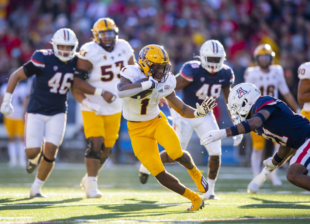 Nov 25, 2022; Tucson, Arizona, USA; Arizona State Sun Devils running back Xazavian Valladay (1) against the Arizona Wildcats during the Territorial Cup at Arizona Stadium.