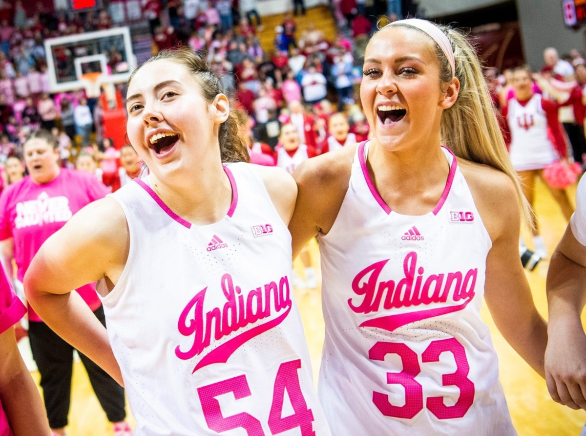 Indiana's Mackenzie Holmes (54) and Sydney Parrish (33) celebrate after the second half of the Indiana versus Iowa women's basketball game at Simon Skjodt Assembly Hall on Thursday, Feb. 9, 2023.