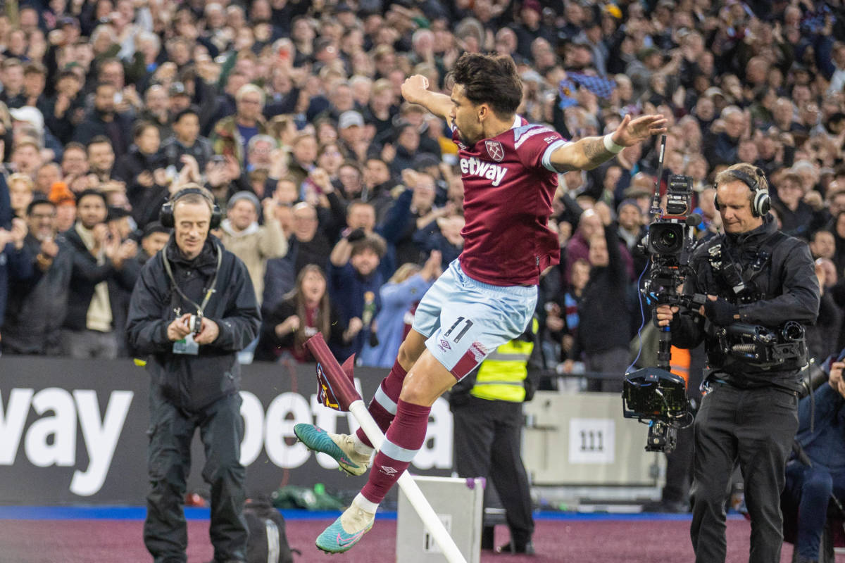 West Ham United midfielder Lucas Paqueta pictured celebrating after scoring against Liverpool in April 2023