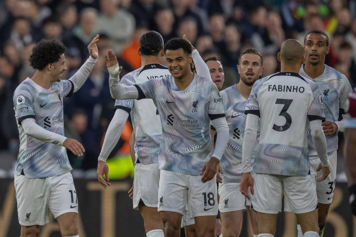 Liverpool's players pictured celebrating a goal by Cody Gakpo (center) during their 2-1 win at West Ham in April 2023