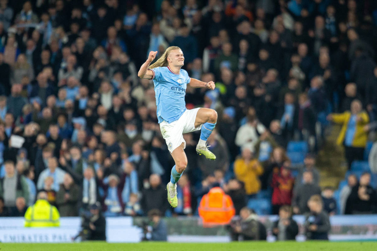 Manchester City striker Erling Haaland pictured celebrating after scoring his 33rd goal of the 2022/23 Premier League season