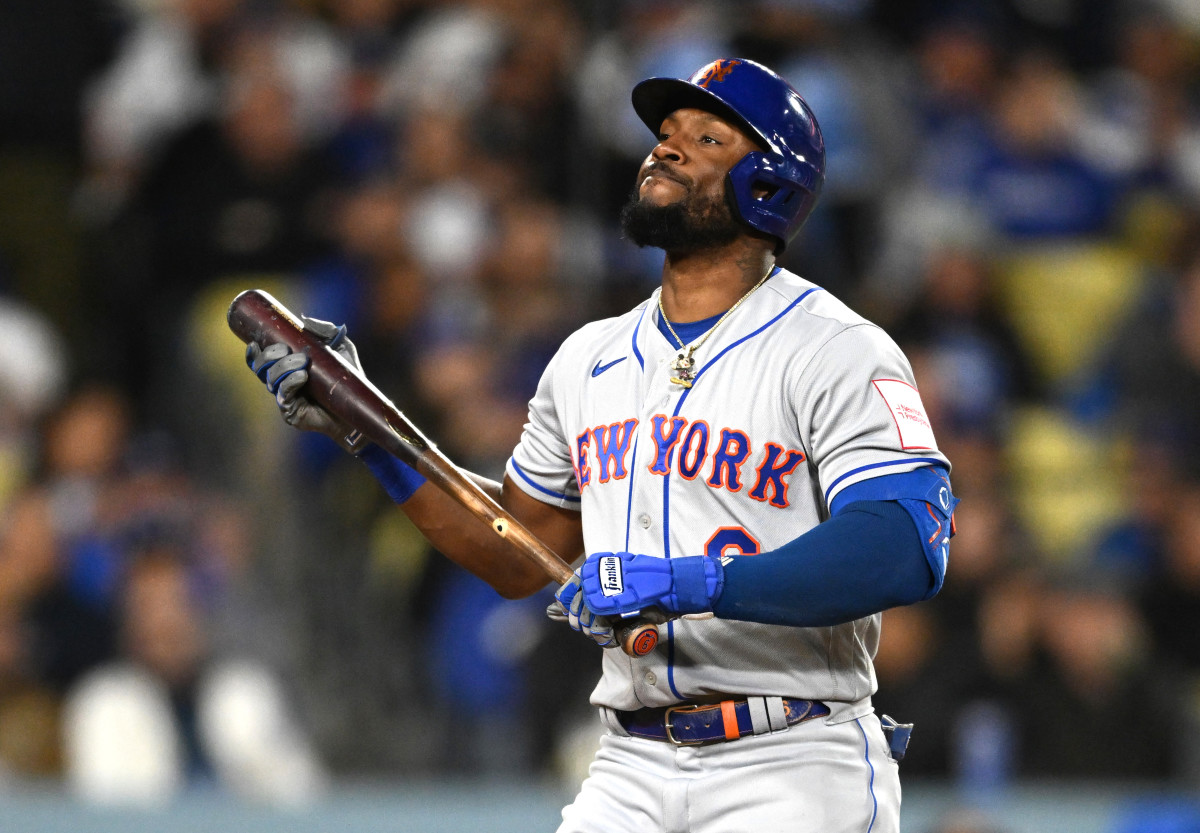 Apr 18, 2023; Los Angeles, California, USA; New York Mets right fielder Starling Marte (6) reacts after striking out in the third inning against the Los Angeles Dodgers at Dodger Stadium.