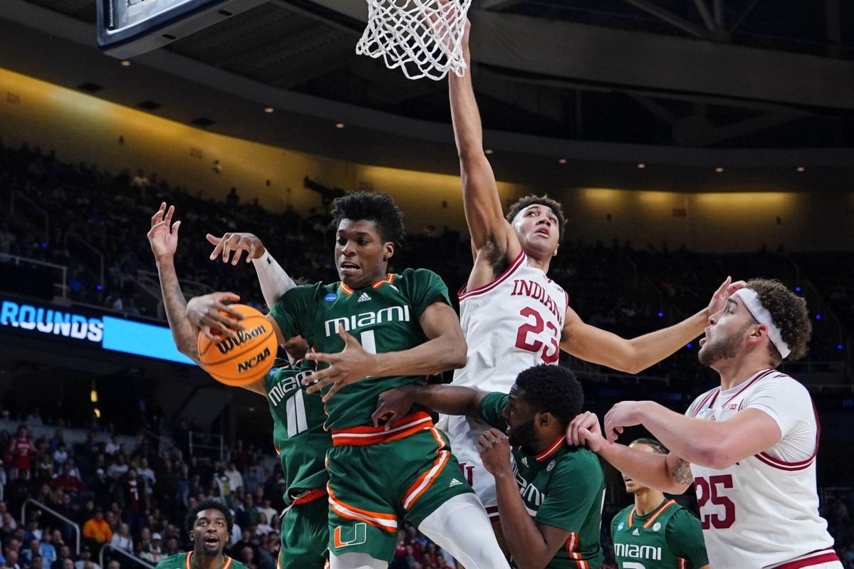 Miami (Fl) Hurricanes forward Anthony Walker (1) reaches for the ball against Indiana Hoosiers during the second half at MVP Arena.