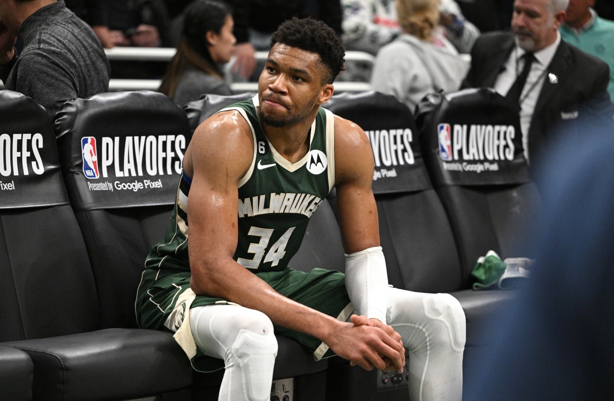 Milwaukee Bucks forward Giannis Antetokounmpo (34) sits on the bench after a 128-126 loss to the Miami Heat during game five of the 2023 NBA Playoffs