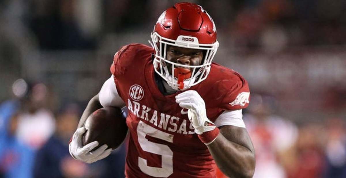 Arkansas Razorbacks running back Raheim Sanders on a carry during a college football game in the SEC.