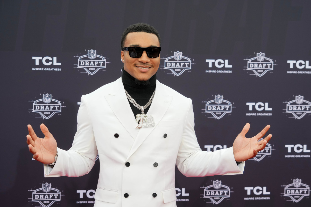 Alabama defensive back Brian Branch poses for a photo on the NFL Draft Red Carpet before the first round of the 2023 NFL Draft at Union Station.