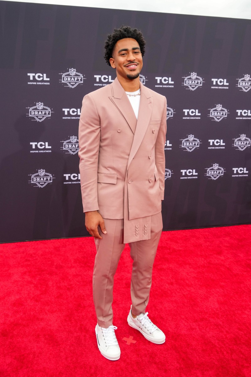 Alabama quarterback Bryce Young poses for a photo on the NFL Draft Red Carpet before the first round of the 2023 NFL Draft at Union Station.