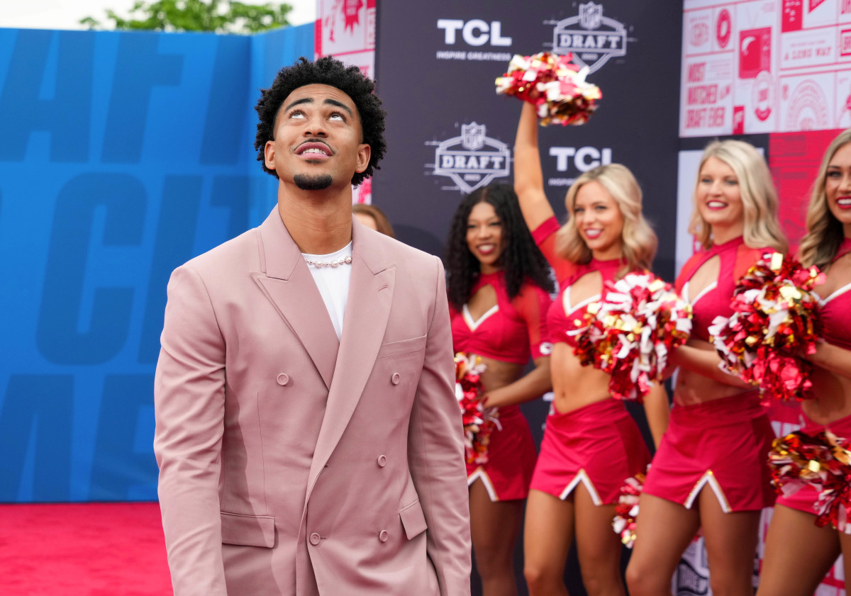 Alabama quarterback Bryce Young walks the NFL Draft Red Carpet before the first round of the 2023 NFL Draft at Union Station.