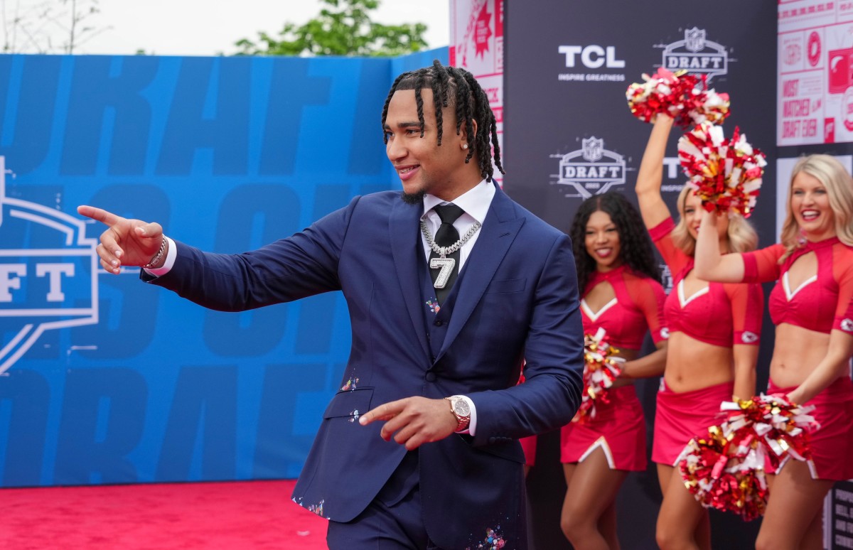 Ohio State quarterback C.J. Stroud walks the NFL Draft Red Carpet before the first round of the 2023 NFL Draft at Union Station.