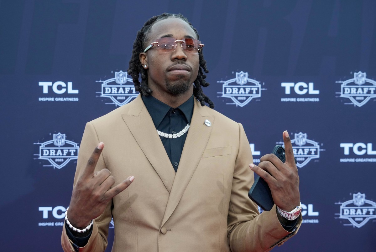 Penn State cornerback Joey Porter Jr. poses for a photo on the NFL Draft Red Carpet before the first round of the 2023 NFL Draft at Union Station.