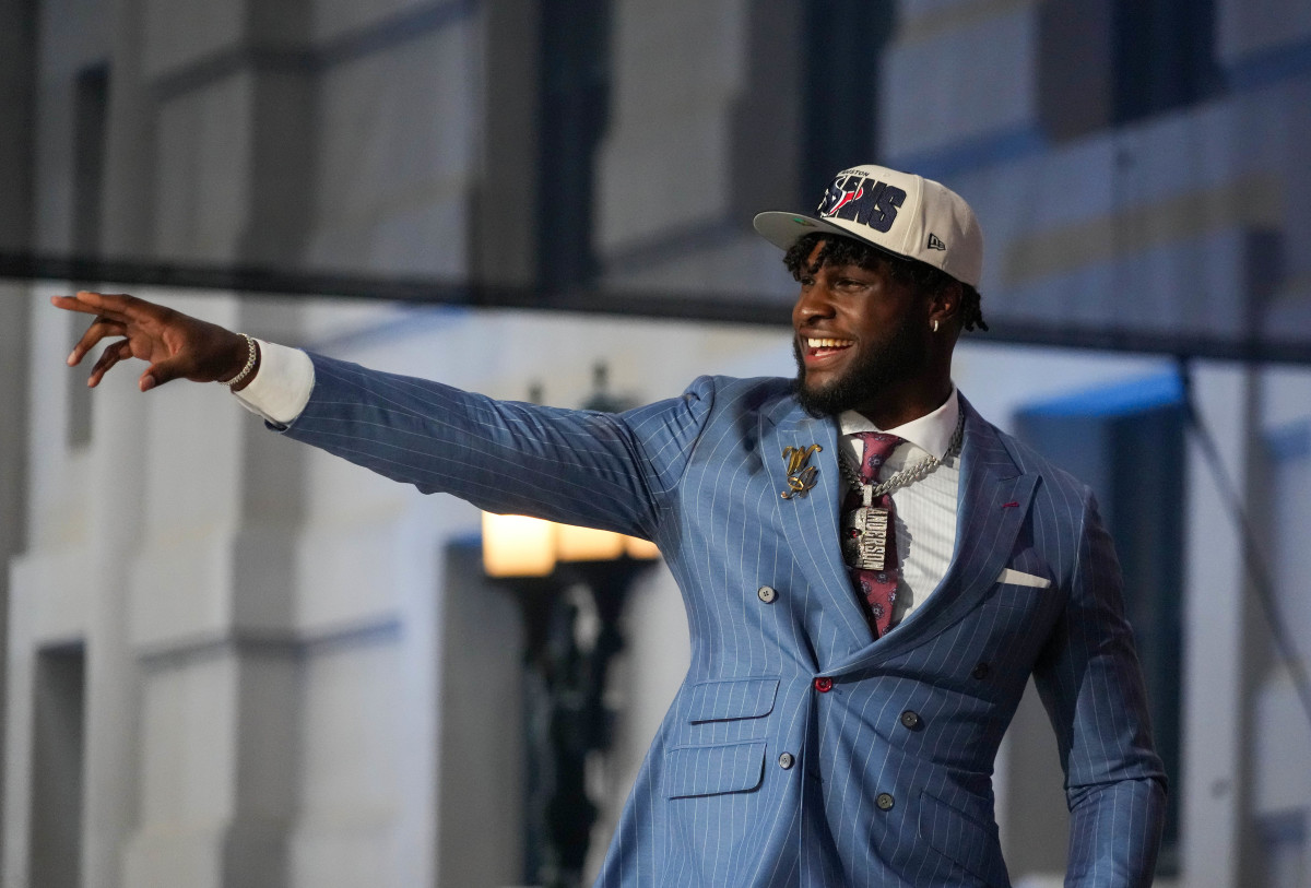 Alabama linebacker Will Anderson Jr. reacts after being selected by the Houston Texans third overall in the first round of the 2023 NFL Draft at Union Station.