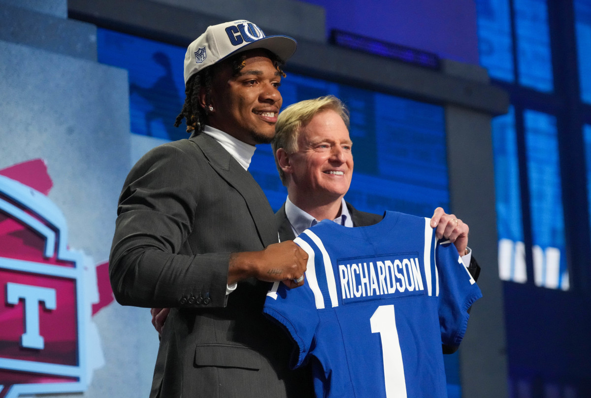 Apr 27, 2023; Kansas City, MO, USA; Florida quarterback Anthony Richardson with NFL commissioner Roger Goodell after being selected by the Indianapolis Colts fourth overall in the first round of the 2023 NFL Draft at Union Station. Mandatory Credit: Kirby Lee-USA TODAY Sports