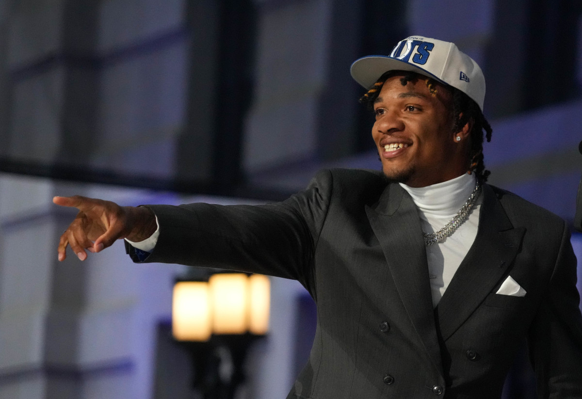Apr 27, 2023; Kansas City, MO, USA; Florida quarterback Anthony Richardson reacts after being selected by the Indianapolis Colts fourth overall in the first round of the 2023 NFL Draft at Union Station. Mandatory Credit: Kirby Lee-USA TODAY Sports