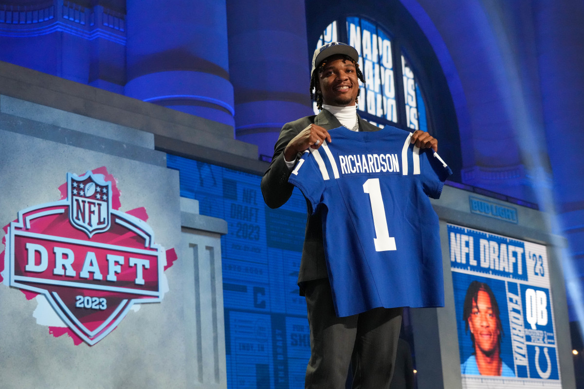 Apr 27, 2023; Kansas City, MO, USA; Florida quarterback Anthony Richardson on stage after being selected by the Indianapolis Colts fourth overall in the first round of the 2023 NFL Draft at Union Station. Mandatory Credit: Kirby Lee-USA TODAY Sports