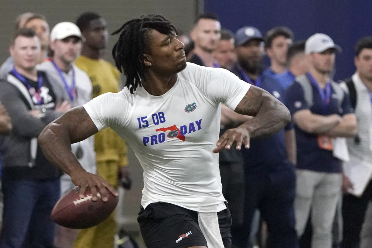 Florida quarterback Anthony Richardson throws a pass during an NFL football Pro Day.