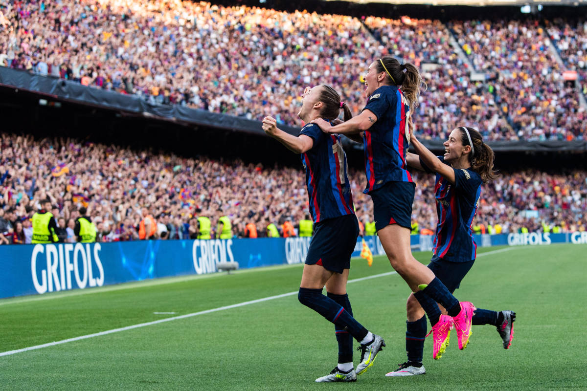 Players from Barcelona pictured celebrating a goal during their UEFA Women's Champions League semi-final win over Chelsea in April 2023