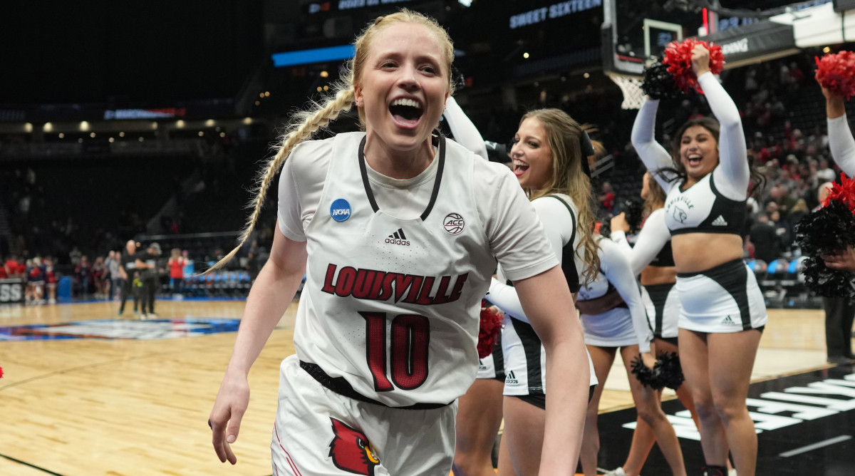 Louisville Cardinals guard Hailey Van Lith (10) celebrates at the end of the game against the Ole Miss Rebels Climate Pledge Arena.