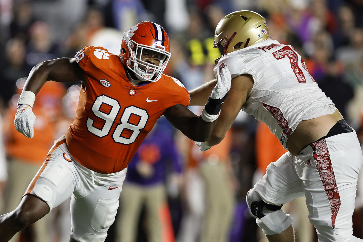 Oct 8, 2022; Chestnut Hill, Massachusetts, USA; Clemson Tigers defensive end Myles Murphy (98) rushes against the Boston College Eagles during the second quarter at Alumni Stadium. Mandatory Credit: Winslow Townson-USA TODAY Sports