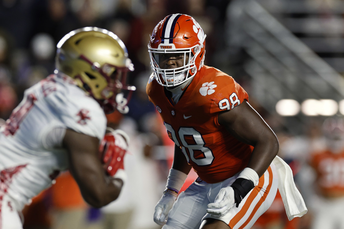 Oct 8, 2022; Chestnut Hill, Massachusetts, USA; Clemson Tigers defensive end Myles Murphy (98) eyes a Boston College Eagles ball carrier during the second quarter at Alumni Stadium. Mandatory Credit: Winslow Townson-USA TODAY Sports