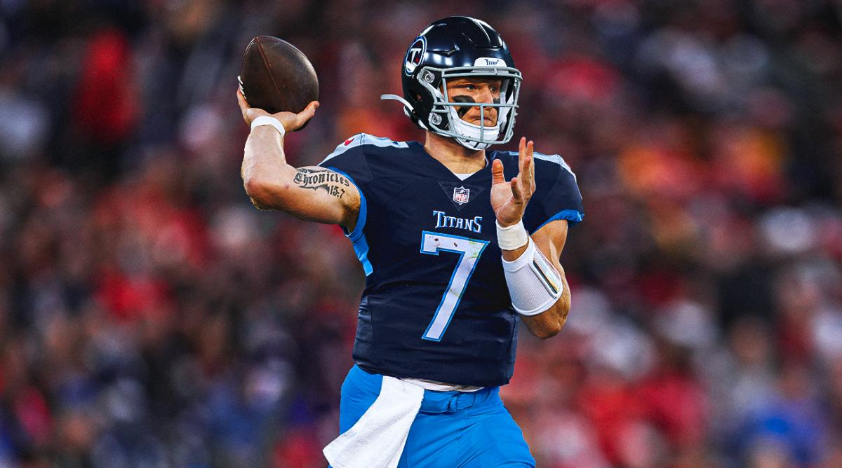 Will Levis edited into a Titans jersey.