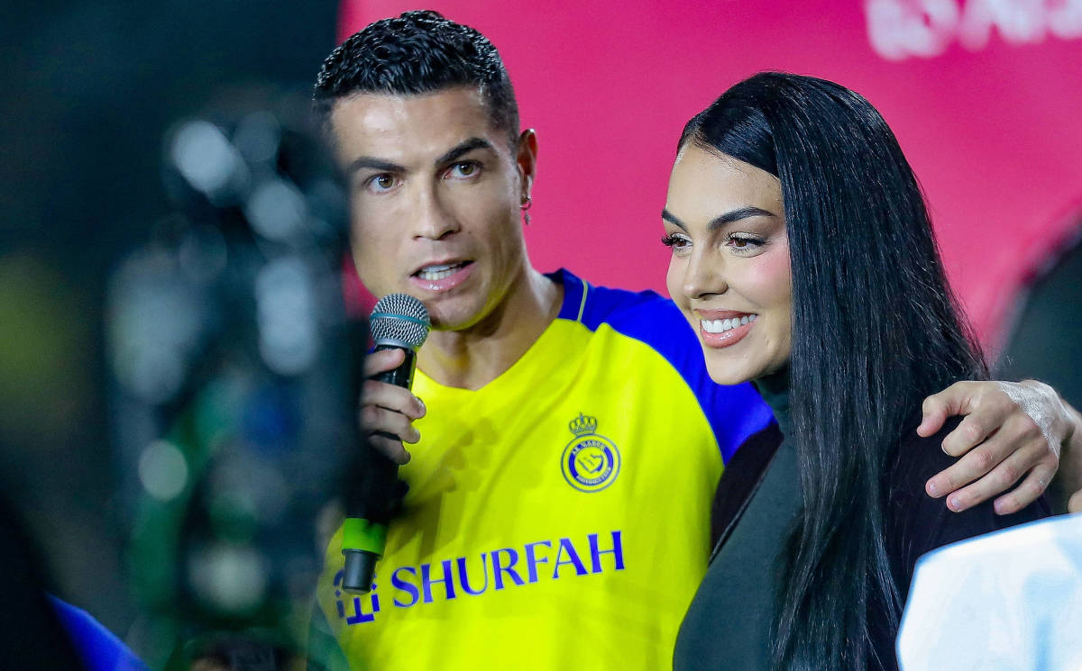 Cristiano Ronaldo and Georgina Rodriguez pictured in January 2023 at the player's presentation ceremony in Saudi Arabia after he signed for Al Nassr