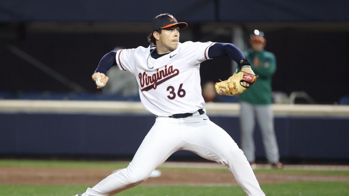 Brian Edgington delivers a pitch during the Virginia baseball game against Miami at Disharoon Park.