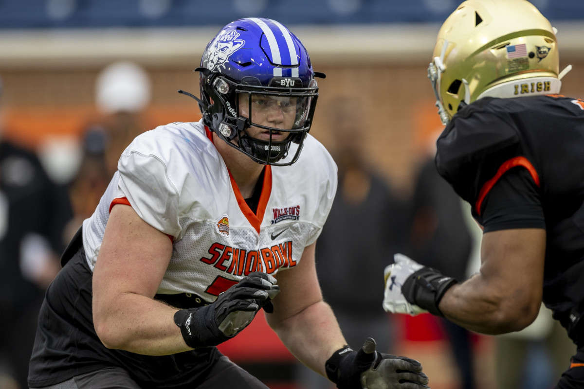 Feb 2, 2023; Mobile, AL, USA; National offensive lineman Blake Freeland of Brigham Young (73) practices during the third day of Senior Bowl week at Hancock Whitney Stadium in Mobile.