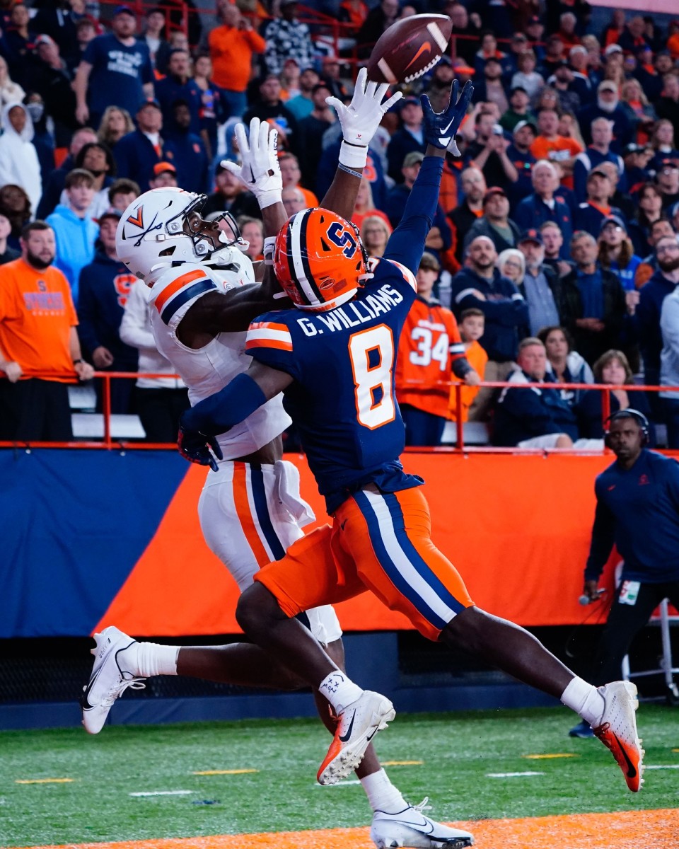 Syracuse Orange defensive back Garrett Williams (8) breaks up a pass intended for Virginia Cavaliers receiver Lavel Davis Jr. (1). Mandatory Credit: Gregory Fisher-USA TODAY Sports