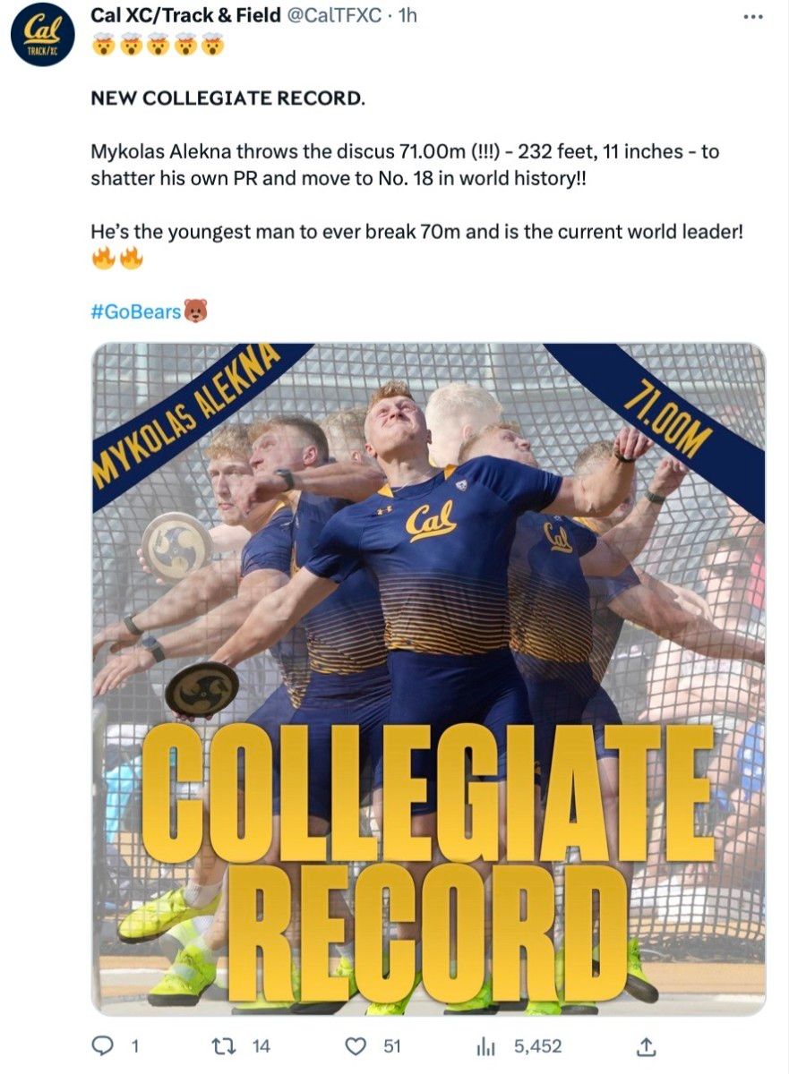 Cal's Mykolas Alekna breaks his own collegiate record in the discus