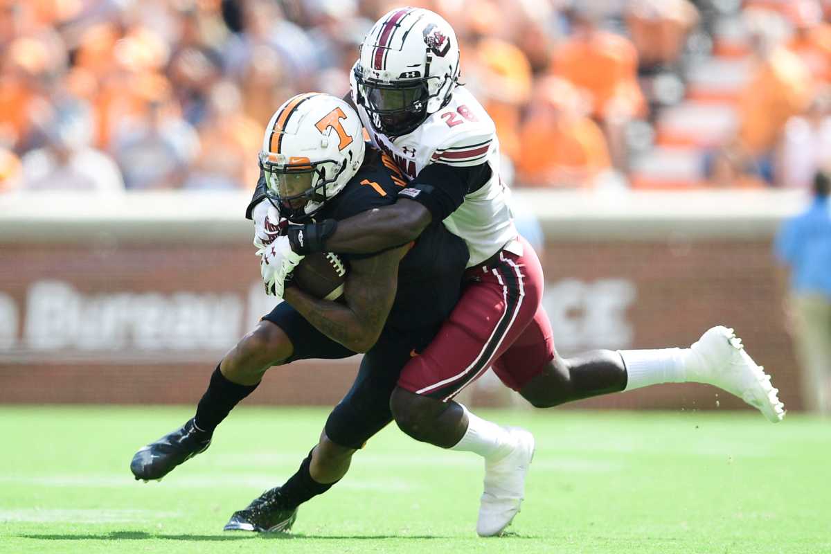 Tennessee wide receiver Velus Jones Jr. (1) is tackled by South Carolina defensive back Darius Rush (28) during an NCAA college football game between the Tennessee Volunteers and the South Carolina Gamecocks in Knoxville, Tenn. on Saturday, Oct. 9, 2021. Kns Tennessee South Carolina Football