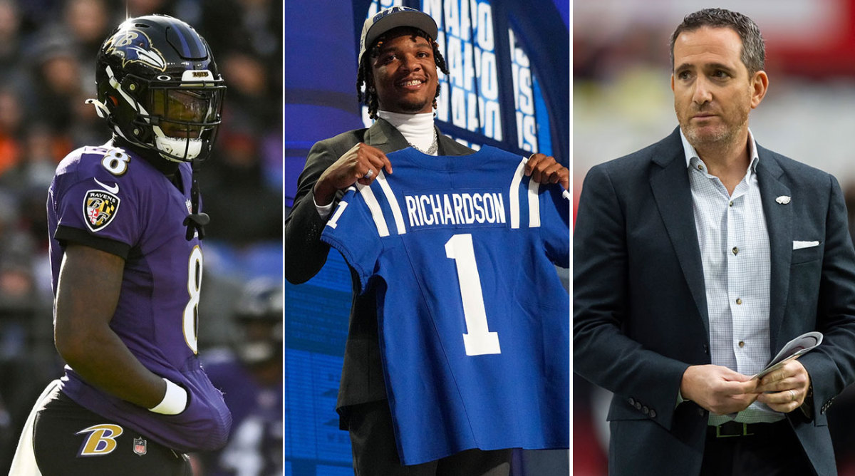 Separate photos of Lamar Jackson, Anthony Richardson and Howie Roseman.