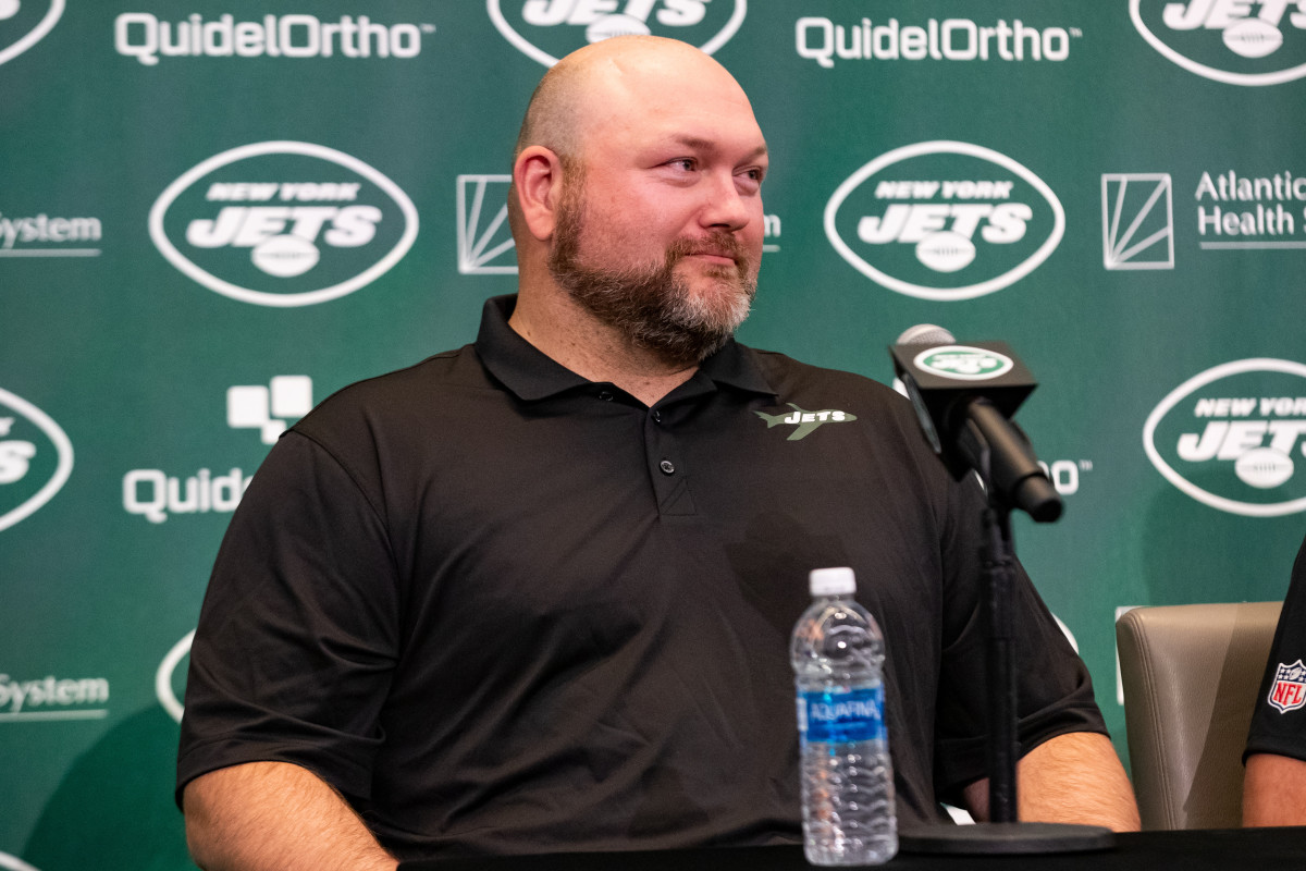 Jets general manager Joe Douglas at Aaron Rodgers' introductory presser