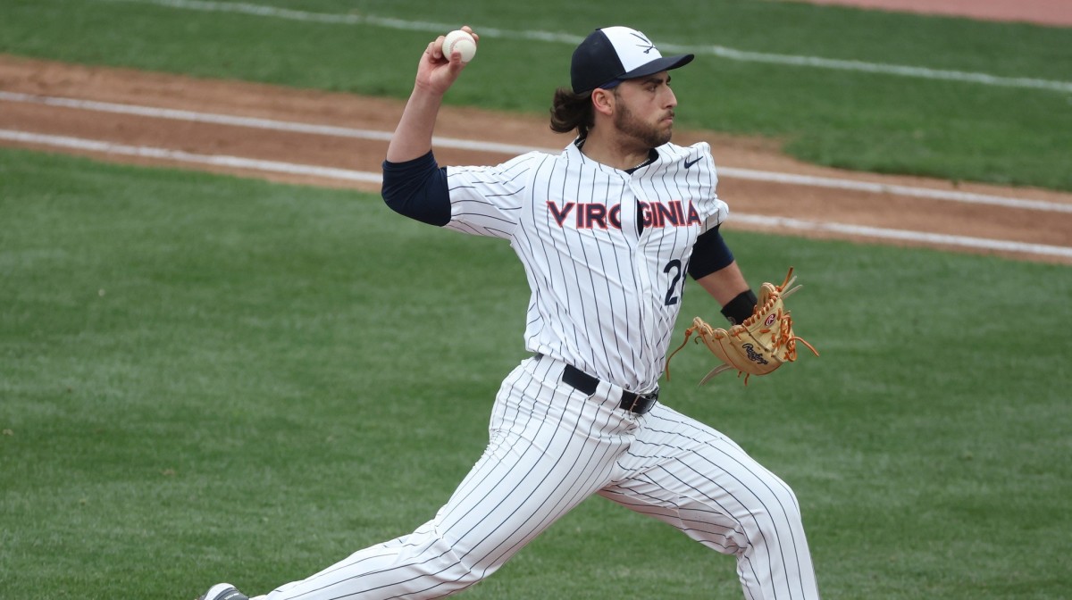 Nick Parker delivers a pitch during the Virginia baseball game against Miami at Disharoon Park.