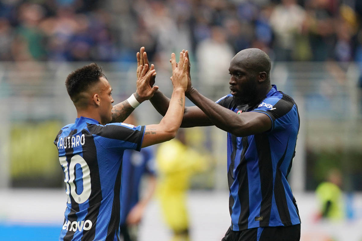 Lautaro Martinez pictured (left) celebrating a goal with Inter Milan teammate Romelu Lukaku during their team's 3-1 win over Lazio in April 2023
