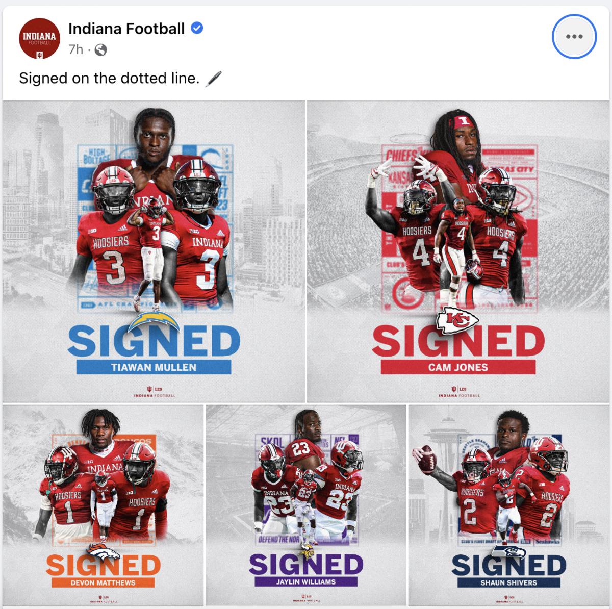 Five Indiana football players signed deals as undrafted free agents on Saturday. (Graphic by IU Athletics)