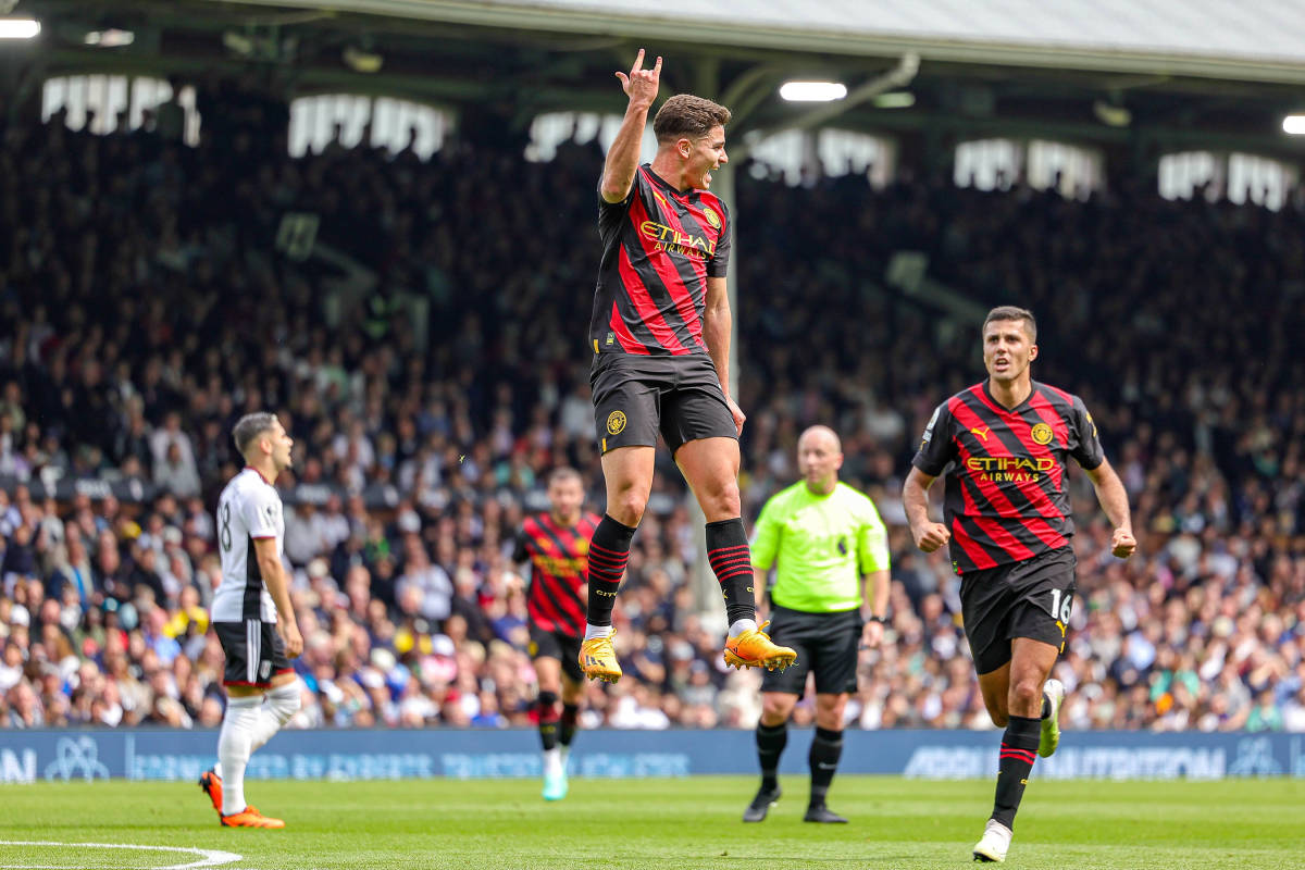 Julian Alvarez pictured celebrating after scoring for Manchester City in a 2-1 win at Fulham in April 2023