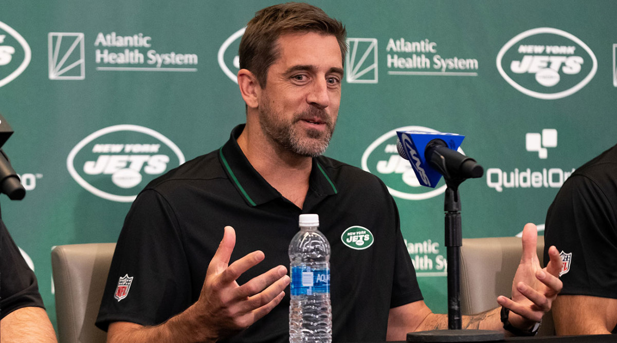 Aaron Rodgers at his introductory press conference with the Jets