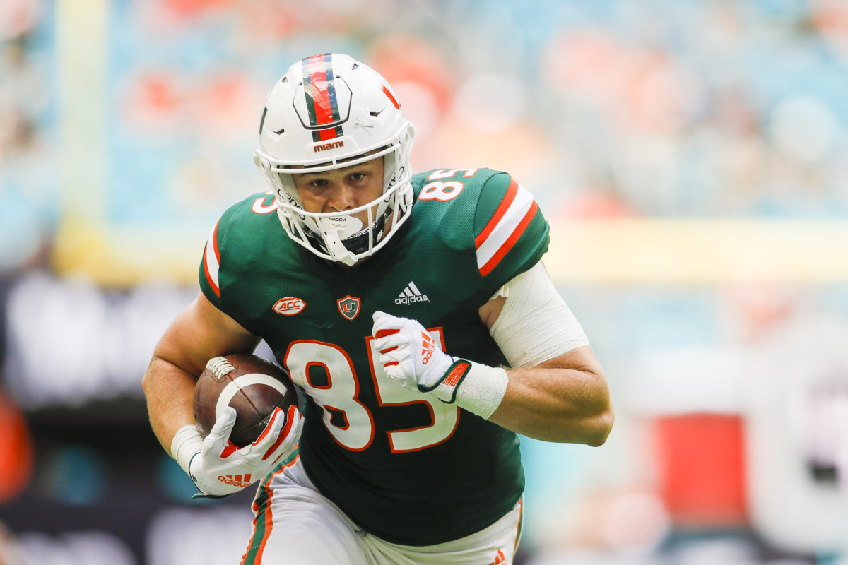 Oct 22, 2022; Miami Gardens, Florida, USA; Miami Hurricanes tight end Will Mallory (85) runs with the football during the second quarter against the Duke Blue Devils at Hard Rock Stadium. Mandatory Credit: Sam Navarro-USA TODAY Sports