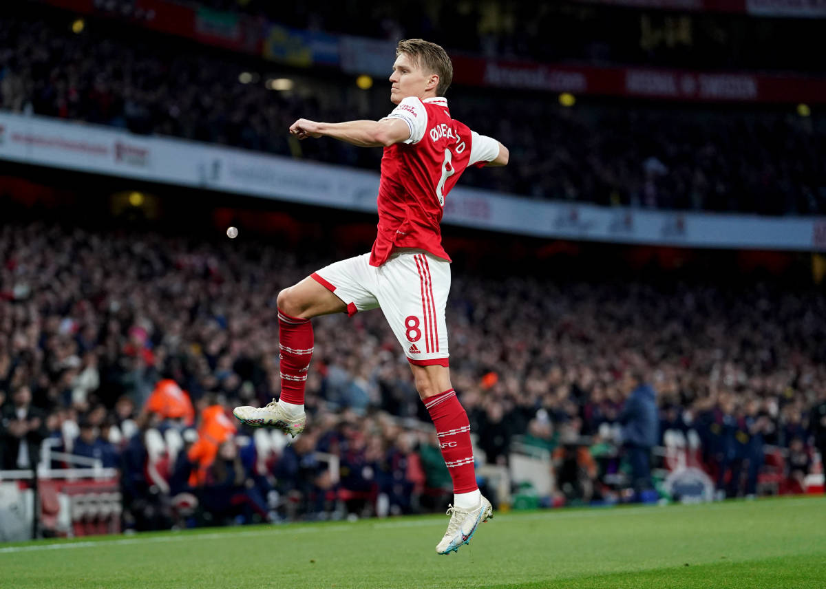 Martin Odegaard pictured celebrating after scoring a goal for Arsenal in a home win over Chelsea in May 2023