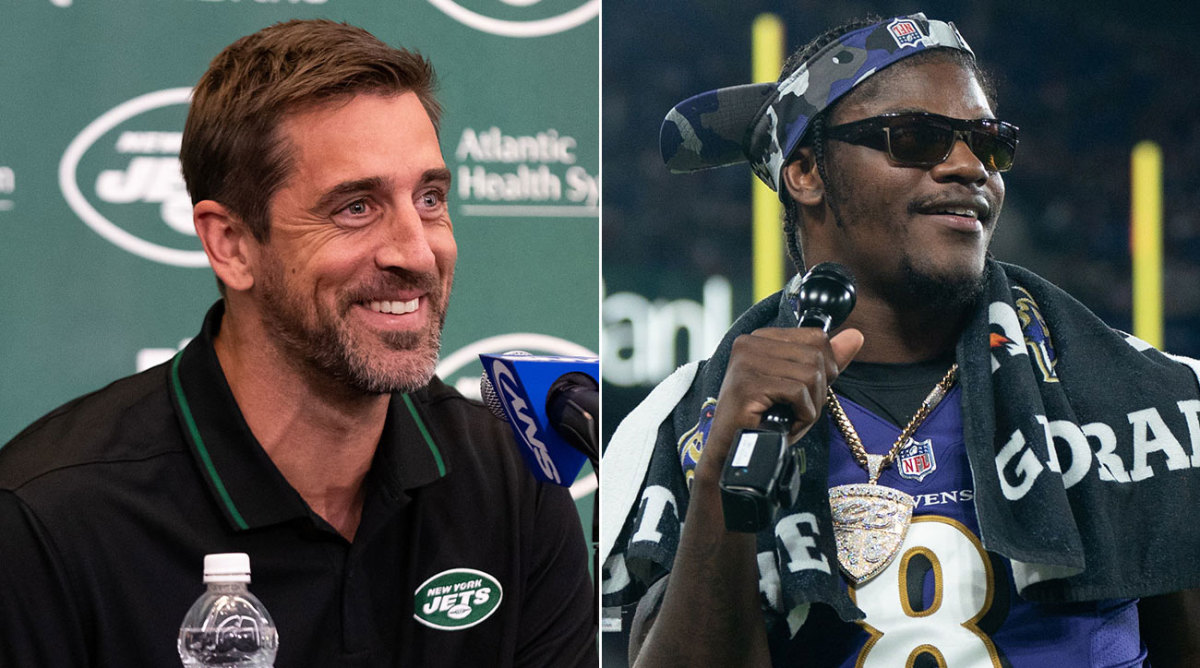 Separate photos of Aaron Rodgers and Lamar Jackson