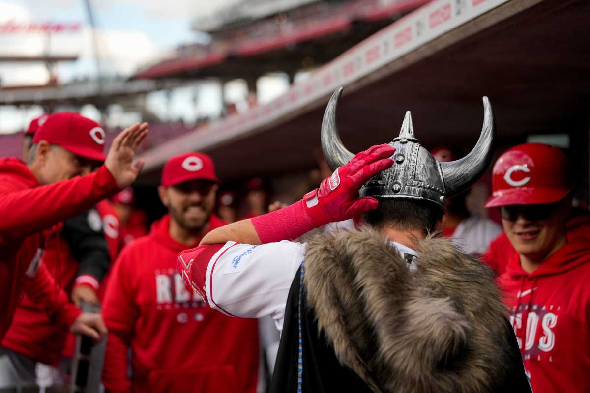 A viking helmet and cape are given to any Reds player who hits a home run.