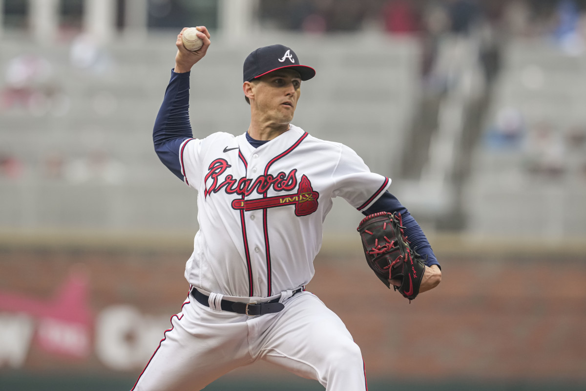 Apr 27, 2023; Cumberland, Georgia, USA; Atlanta Braves starting pitcher Kyle Wright (30) pitches against the Miami Marlins during the first inning at Truist Park.