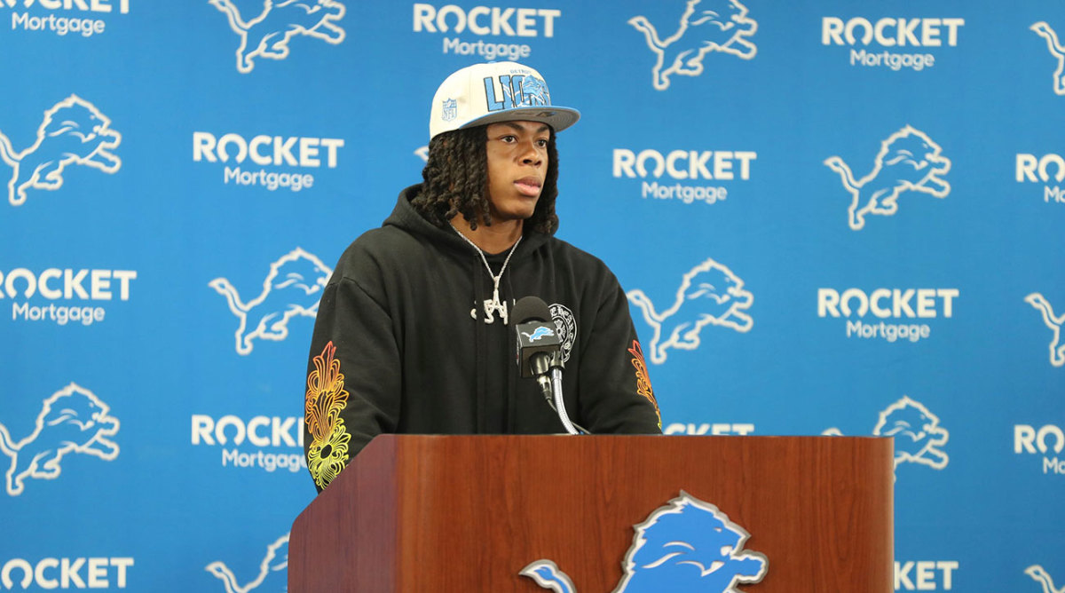 First-round draft pick Jahmyr Gibbs at the Lions podium