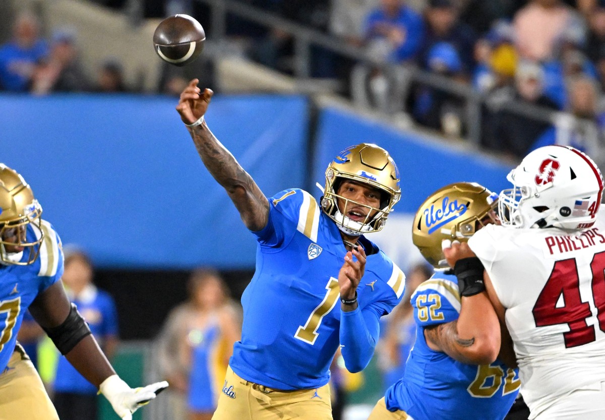 Oct 29, 2022; Pasadena, California, USA; UCLA Bruins quarterback Dorian Thompson-Robinson (1) throws a pass against the Stanford Cardinal in the first half at the Rose Bowl. Mandatory Credit: Jayne Kamin-Oncea-USA TODAY Sports