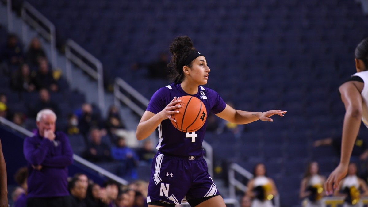 Jillian Brown dribbles the ball during the Northwestern women's basketball game at Michigan.
